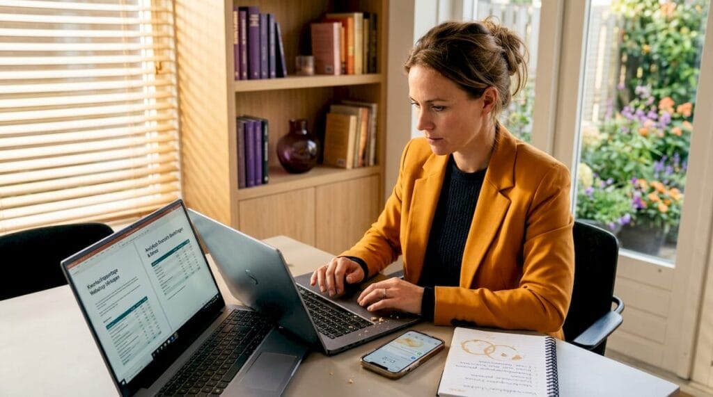 De beheerder van de webshop kijkt thuis op zijn laptop of de back-up goed werkt.